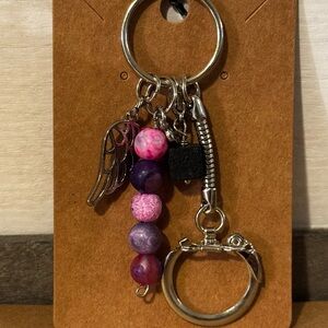 Pink and Purple Beaded Keychain with Wing Charm